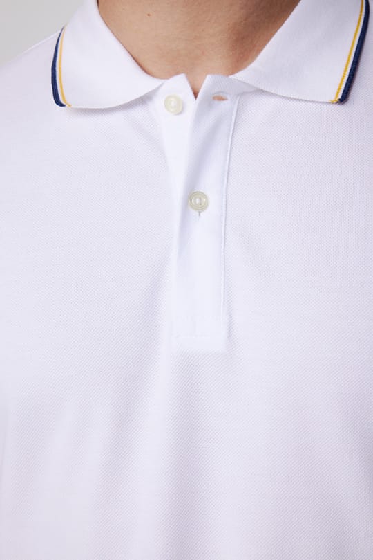 Erkek Slim Fit Dar Kesim %100 Pamuk Düz Pike Kol Şeritli Beyaz Polo Yaka Tişört