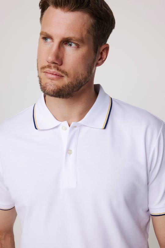 Erkek Slim Fit Dar Kesim %100 Pamuk Düz Pike Kol Şeritli Beyaz Polo Yaka Tişört