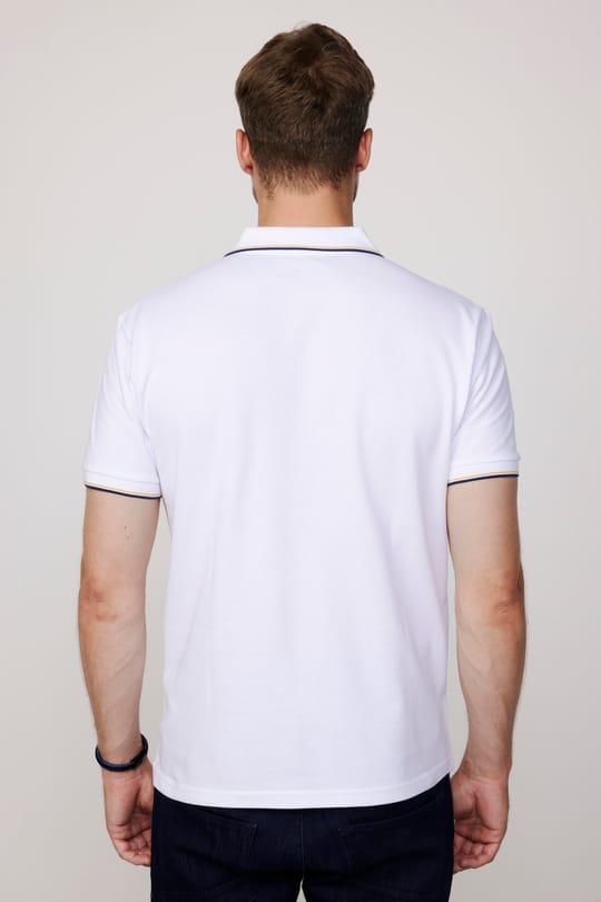 Erkek Slim Fit Dar Kesim %100 Pamuk Düz Pike Kol Şeritli Beyaz Polo Yaka Tişört