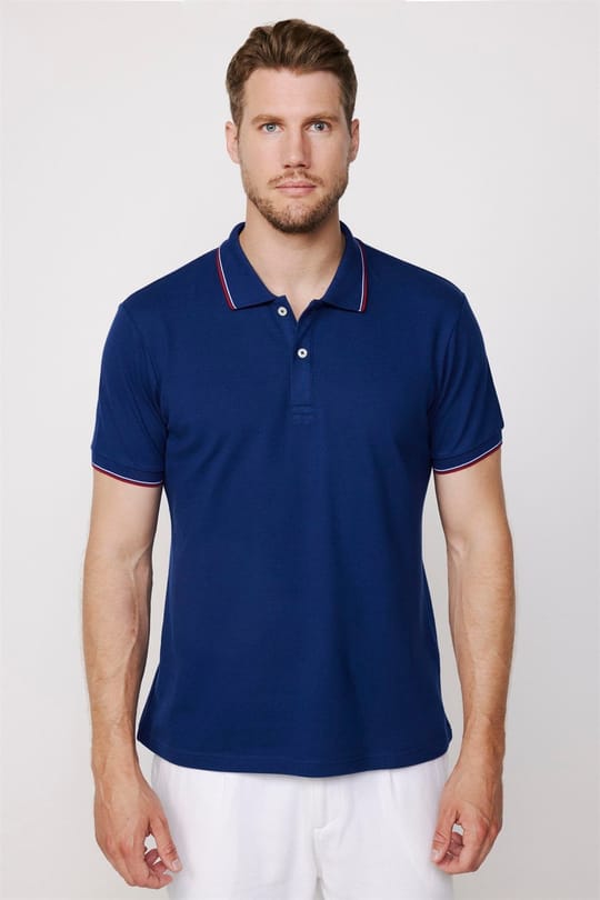 Erkek Polo Yaka Slim Fit Yaka ve Kol Şeritli Pike  Tişört