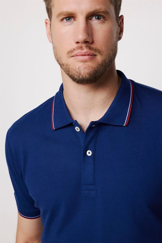 Erkek Slim Fit Dar Kesim %100 Pamuk Düz Pike Kol Şeritli Lacivert Polo Yaka Tişört
