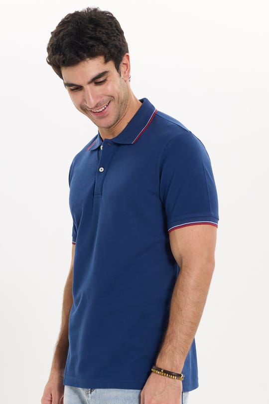 Erkek Slim Fit Dar Kesim %100 Pamuk Düz Pike Kol Şeritli Lacivert Polo Yaka Tişört