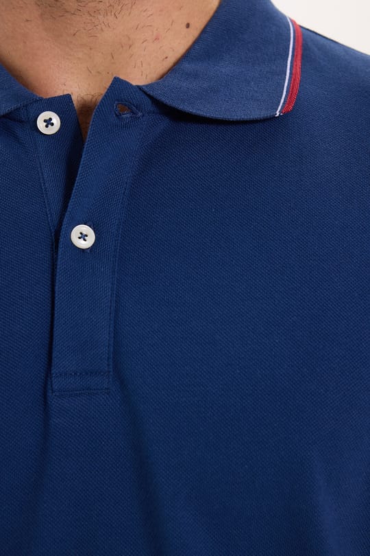 Erkek Slim Fit Dar Kesim %100 Pamuk Düz Pike Kol Şeritli Lacivert Polo Yaka Tişört