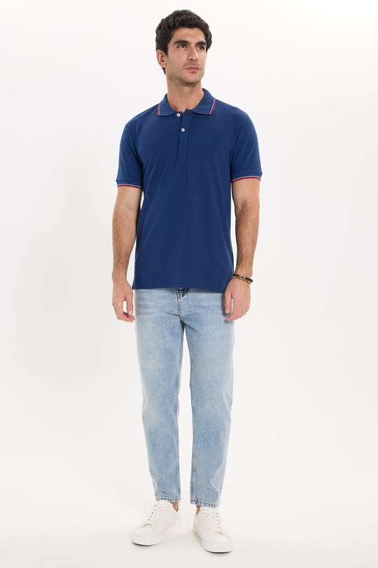Erkek Slim Fit Dar Kesim %100 Pamuk Düz Pike Kol Şeritli Lacivert Polo Yaka Tişört