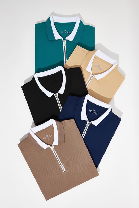 Erkek 5'li Paket Lacivert-Siyah-Vizon-Yeşil-Kum Slim Fit Pamuklu Düz Fermuarlı Pike Polo Yaka Tişört