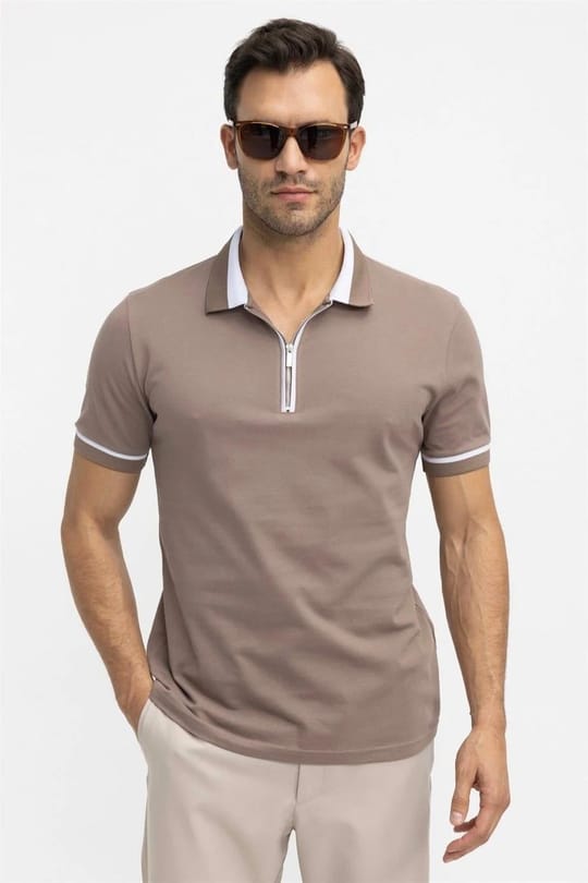 Erkek 5li Paket Lacivert-Siyah-Vizon-Yeşil-Kum Slim Fit Pamuklu Düz Fermuarlı Pike Polo Yaka Tişört