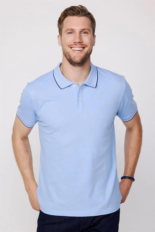 Erkek 3lü Paket Beyaz-Mavi-Lacivert Slim Fit Pamuklu Düz Pike Polo Yaka Tişört