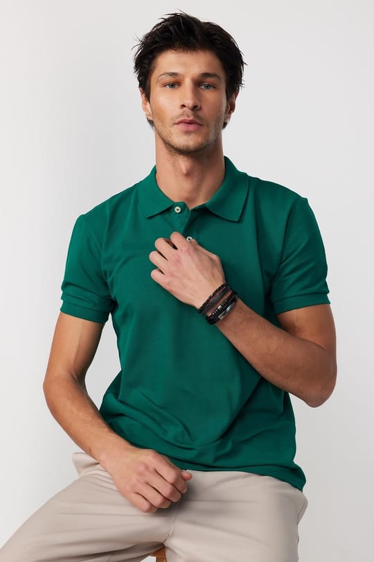 Erkek Polo Yaka Slim Fit Düz Pamuk Pike Yeşil Tişört