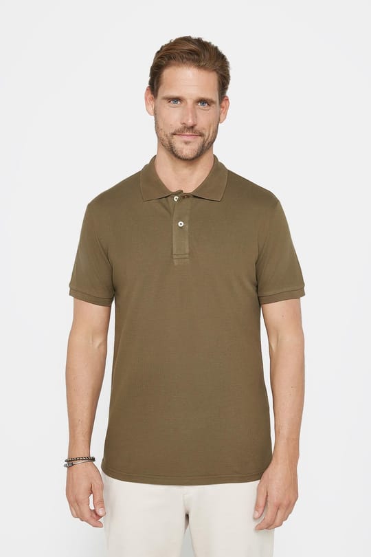Erkek Slim Fit Dar Kesim %100 Pamuk Düz Pike Haki Polo Yaka Tişört