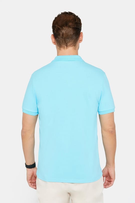 Erkek Slim Fit Dar Kesim %100 Pamuk Düz Pike Mavi Polo Yaka Tişört
