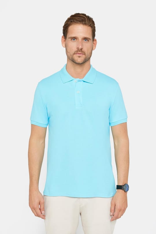Erkek Slim Fit Dar Kesim %100 Pamuk Düz Pike Mavi Polo Yaka Tişört