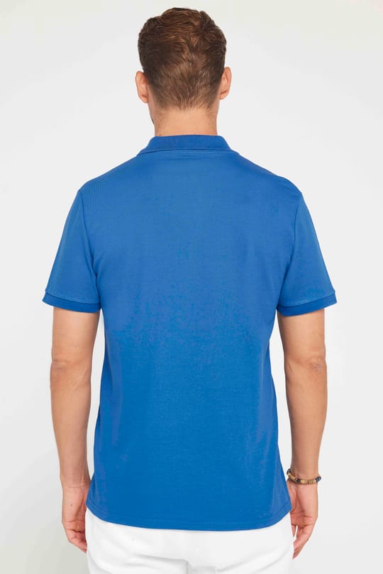 Erkek Slim Fit Dar Kesim %100 Pamuk Düz Pike İndigo Polo Yaka Tişört