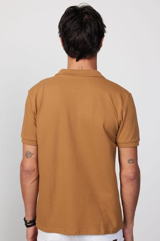 Erkek Slim Fit Dar Kesim %100 Pamuk Düz Pike Kahverengi Polo Yaka Tişört