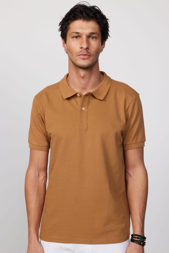 Erkek Slim Fit Dar Kesim %100 Pamuk Düz Pike Kahverengi Polo Yaka Tişört
