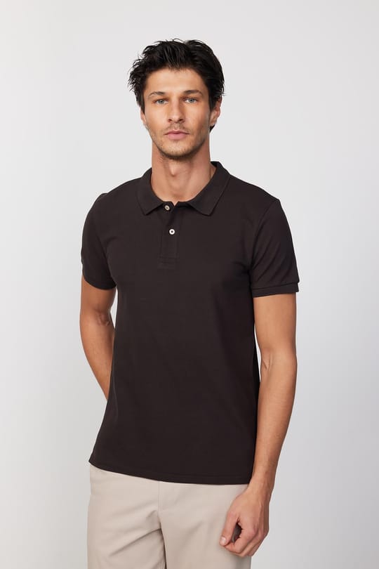 Erkek Slim Fit Dar Kesim %100 Pamuk Düz Pike Kahverengi Polo Yaka Tişört