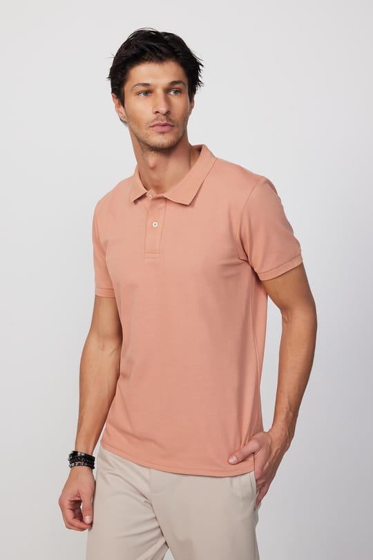 Erkek Slim Fit Dar Kesim %100 Pamuk Düz Pike Somon Renk Polo Yaka Tişört
