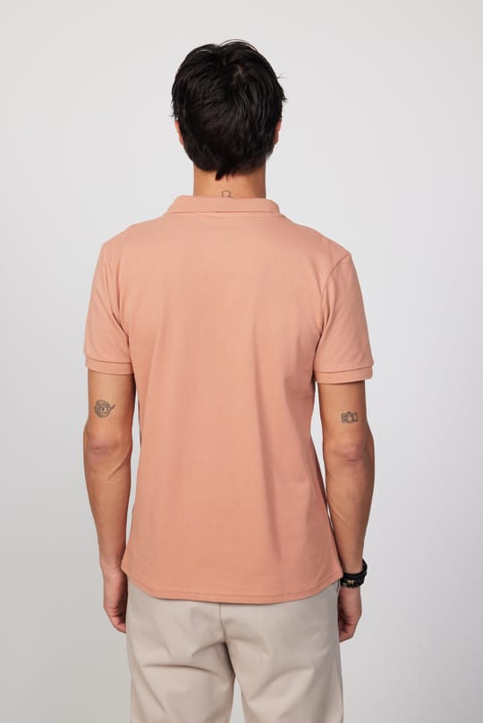 Erkek Slim Fit Dar Kesim %100 Pamuk Düz Pike Somon Renk Polo Yaka Tişört