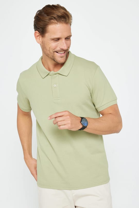 Erkek Slim Fit Dar Kesim %100 Pamuk Düz Pike Yeşil Polo Yaka Tişört