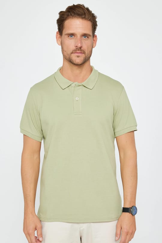 Erkek Slim Fit Dar Kesim %100 Pamuk Düz Pike Yeşil Polo Yaka Tişört