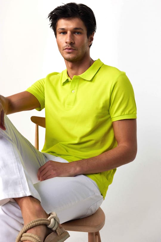 Erkek Polo Yaka Slim Fit Düz Pamuk Pike Yeşil Tişört
