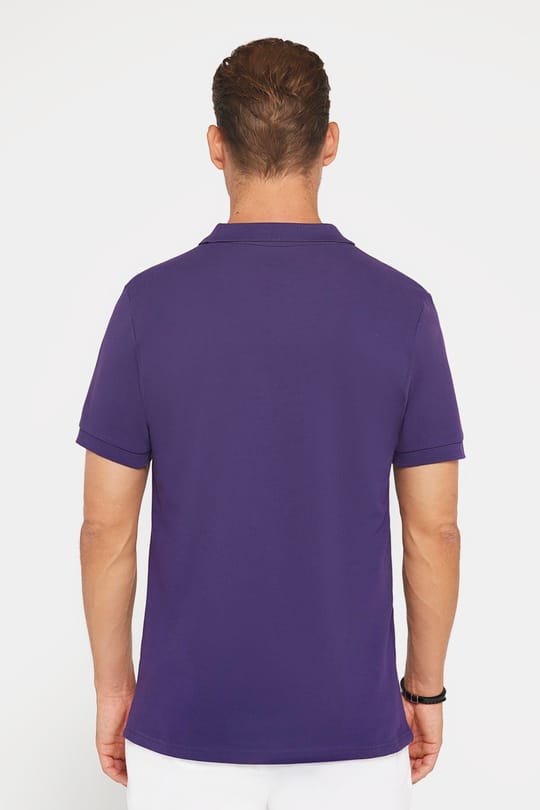 Erkek Slim Fit Dar Kesim %100 Pamuk Düz Pike Mor Polo Yaka Tişört