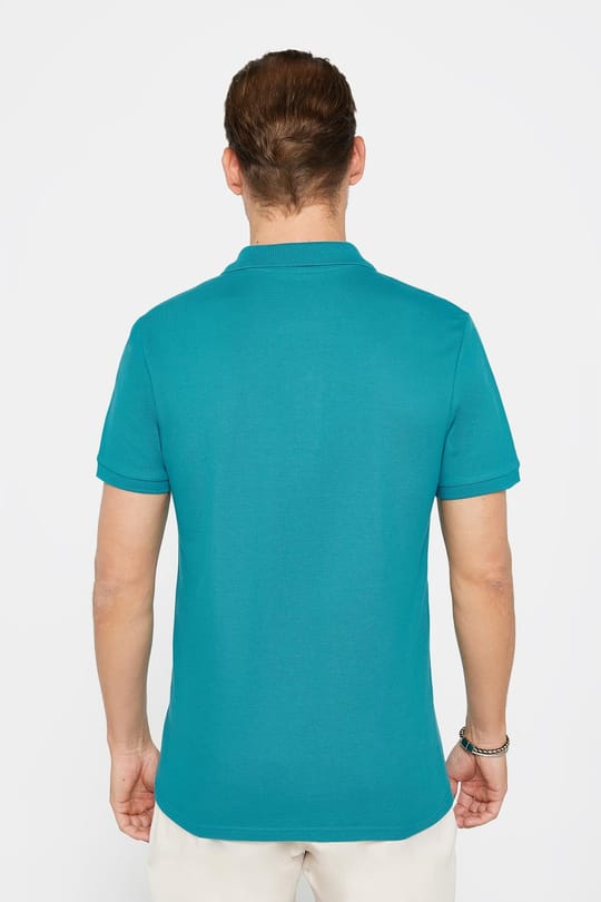 Erkek Slim Fit Dar Kesim %100 Pamuk Düz Pike Mavi Polo Yaka Tişört