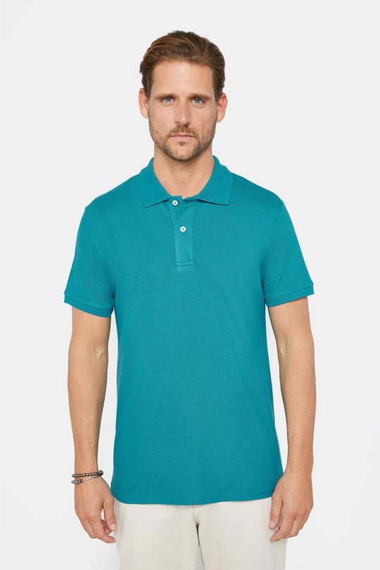 Erkek Slim Fit Dar Kesim %100 Pamuk Düz Pike Mavi Polo Yaka Tişört