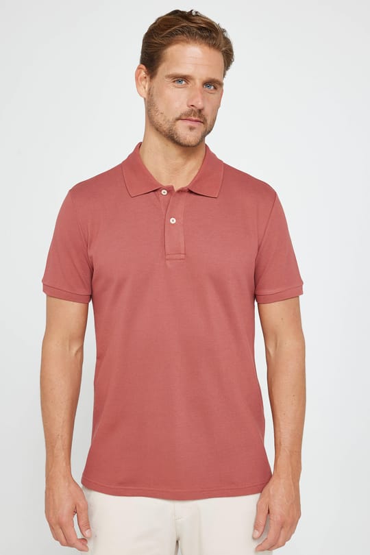 Erkek Slim Fit Dar Kesim %100 Pamuk Düz Pike Kiremit Polo Yaka Tişört