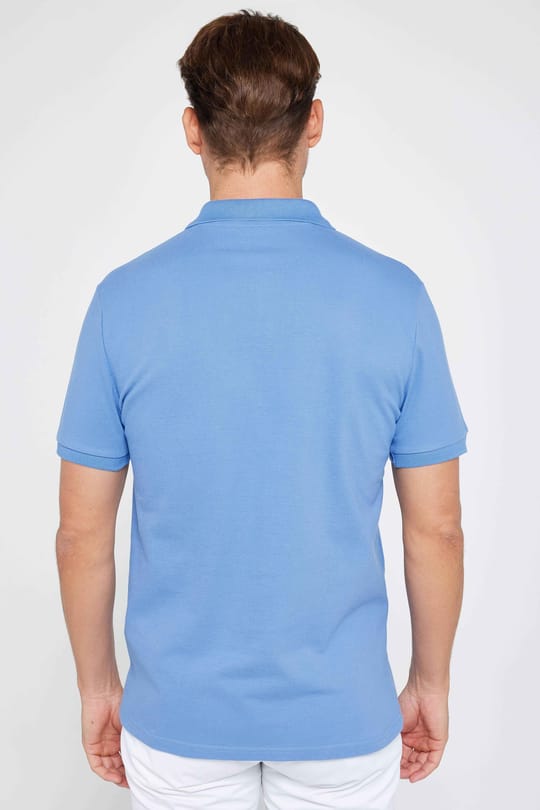 Erkek Slim Fit Dar Kesim %100 Pamuk Düz Pike Mavi Polo Yaka Tişört