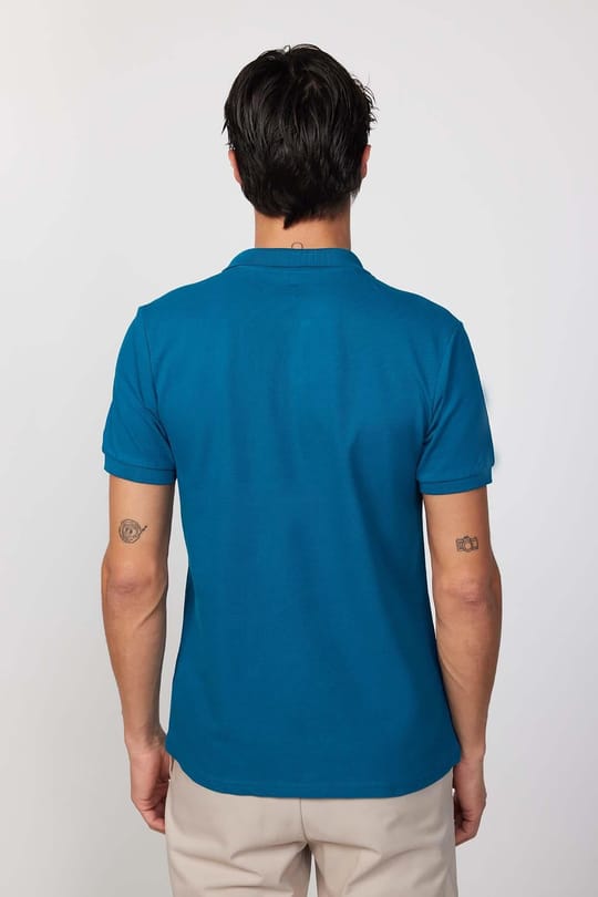 Erkek Slim Fit Dar Kesim %100 Pamuk Düz Pike Petrol Renk Polo Yaka Tişört