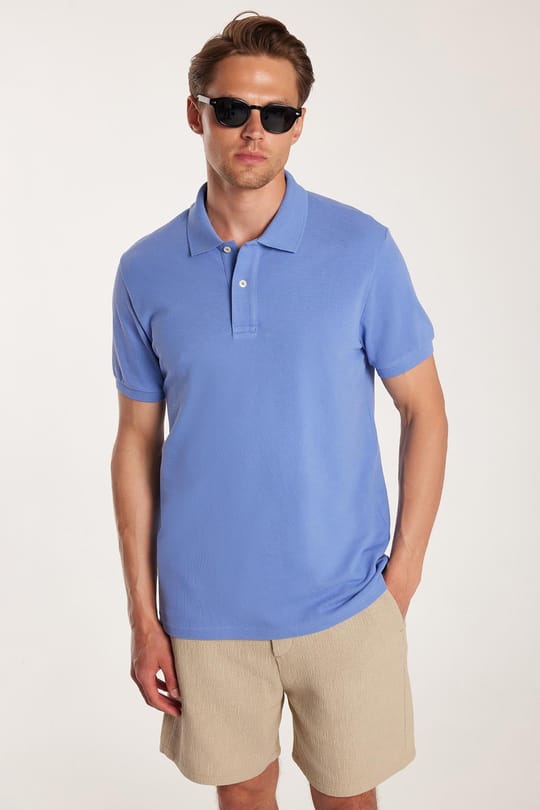 Erkek Slim Fit Dar Kesim %100 Pamuk Düz Pike Petrol Renk Polo Yaka Tişört