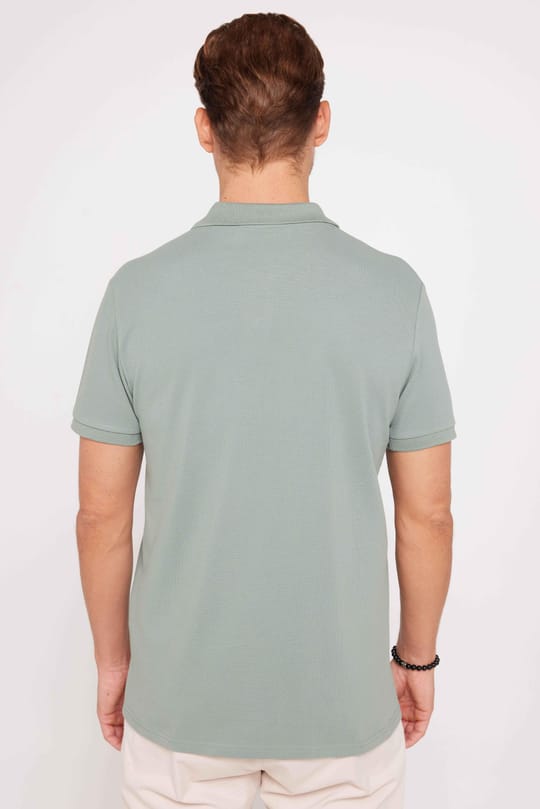 Erkek Slim Fit Dar Kesim %100 Pamuk Düz Pike Yeşil Polo Yaka Tişört