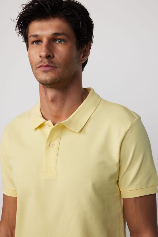 Erkek Polo Yaka Slim Fit Düz Pamuk Pike Sarı Tişört