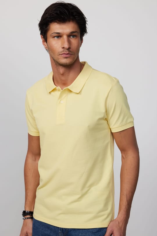 Erkek Slim Fit Dar Kesim %100 Pamuk Düz Pike Sarı Polo Yaka Tişört