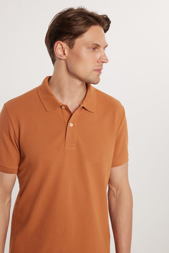 Erkek Slim Fit Dar Kesim %100 Pamuk Düz Pike Kahverengi Polo Yaka Tişört