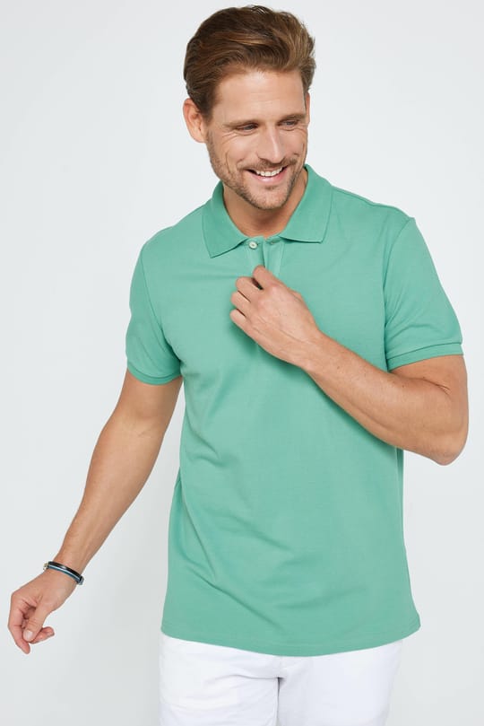 Erkek Slim Fit Dar Kesim %100 Pamuk Düz Pike Yeşil Polo Yaka Tişört