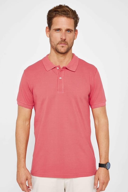 Erkek Slim Fit Dar Kesim %100 Pamuk Düz Pike Pudra Renk Polo Yaka Tişört