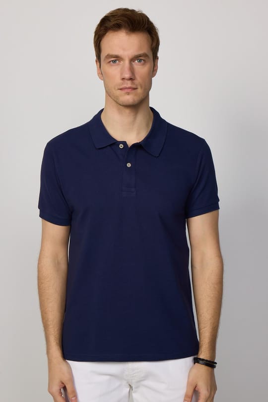 Erkek Slim Fit Dar Kesim %100 Pamuk Düz Pike Lacivert Polo Yaka Tişört