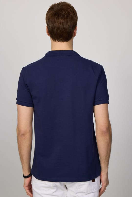 Erkek Slim Fit Dar Kesim %100 Pamuk Düz Pike Lacivert Polo Yaka Tişört