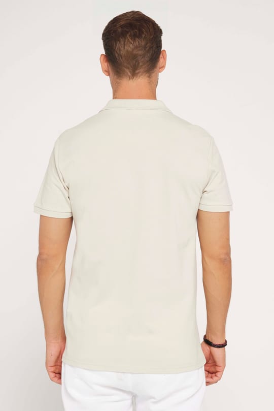 Erkek Slim Fit Dar Kesim %100 Pamuk Düz Pike Bej Polo Yaka Tişört
