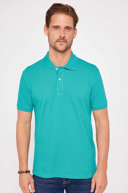 Erkek Slim Fit Dar Kesim %100 Pamuk Düz Pike Yeşil Polo Yaka Tişört