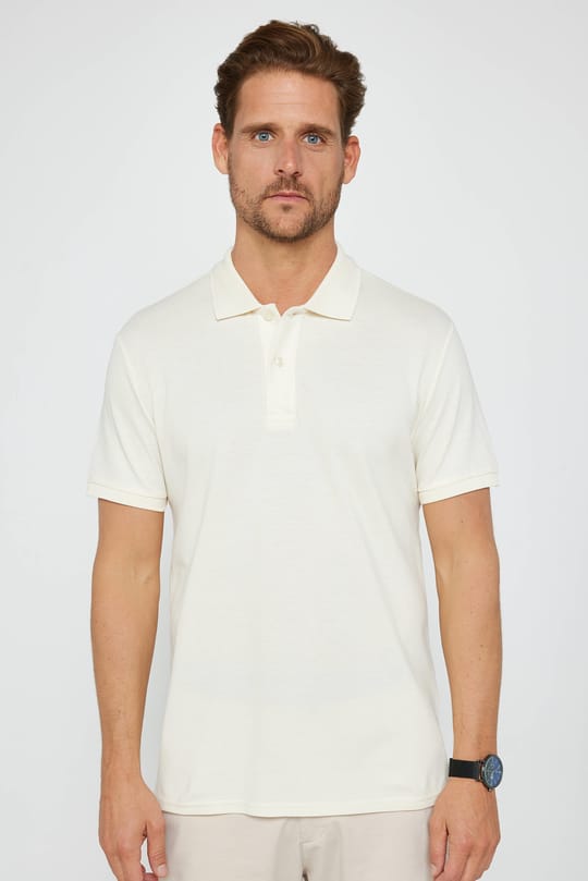 Erkek Slim Fit Dar Kesim %100 Pamuk Düz Pike Ekru Polo Yaka Tişört