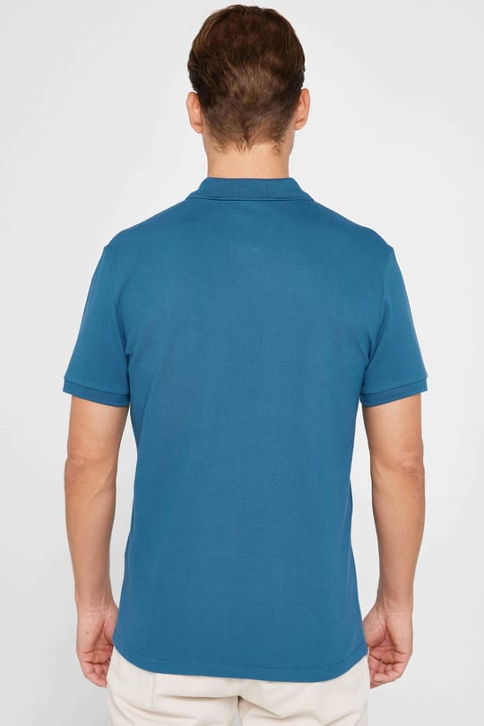 Erkek Slim Fit Dar Kesim %100 Pamuk Düz Pike Petrol Renk Polo Yaka Tişört