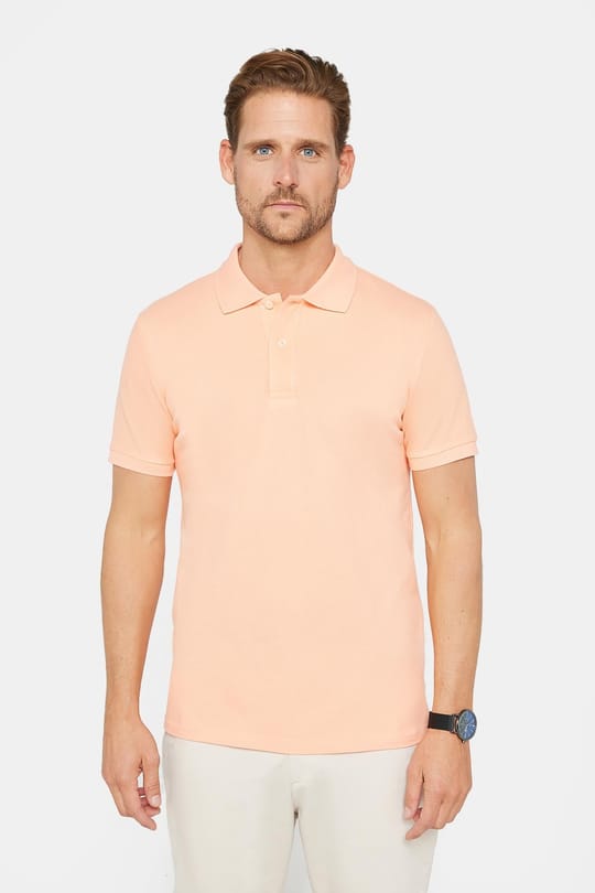 Erkek Slim Fit Dar Kesim %100 Pamuk Düz Pike Somon Renk Polo Yaka Tişört