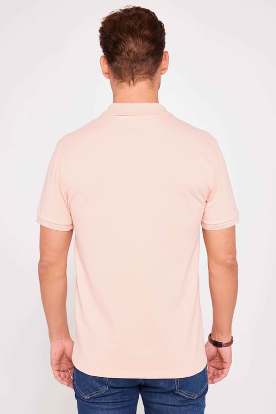 Erkek Slim Fit Dar Kesim %100 Pamuk Düz Pike Somon Renk Polo Yaka Tişört