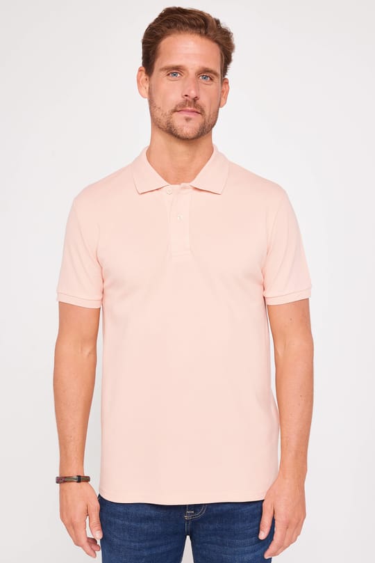 Erkek Slim Fit Dar Kesim %100 Pamuk Düz Pike Somon Renk Polo Yaka Tişört