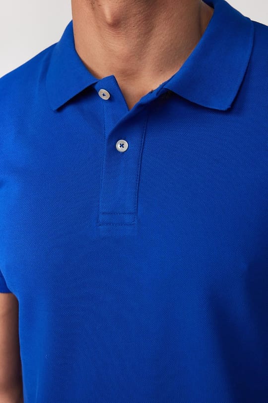 Erkek Slim Fit Dar Kesim %100 Pamuk Düz Pike Sax Mavi Polo Yaka Tişört