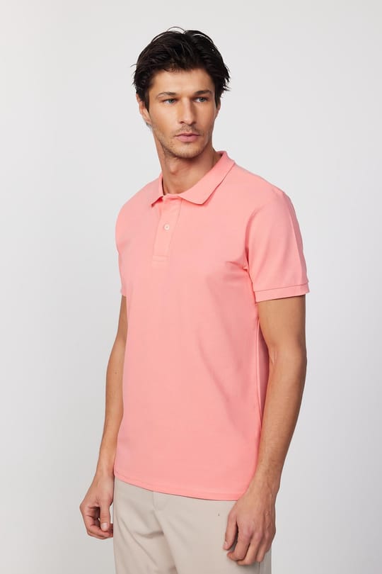 Erkek Slim Fit Dar Kesim %100 Pamuk Düz Pike Pembe Polo Yaka Tişört