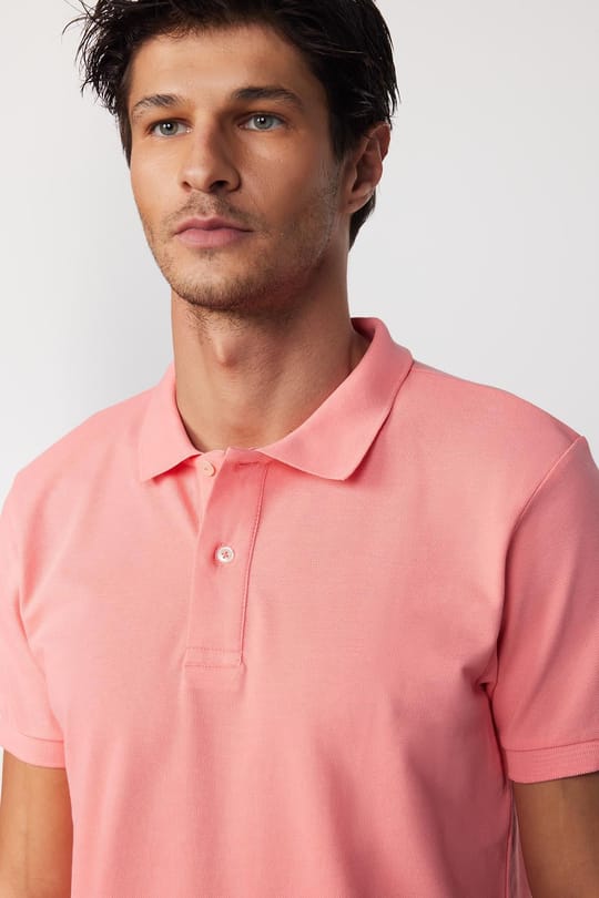 Erkek Slim Fit Dar Kesim %100 Pamuk Düz Pike Pembe Polo Yaka Tişört