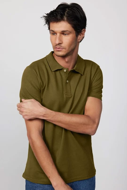 Erkek Slim Fit Dar Kesim %100 Pamuk Düz Pike Haki Polo Yaka Tişört